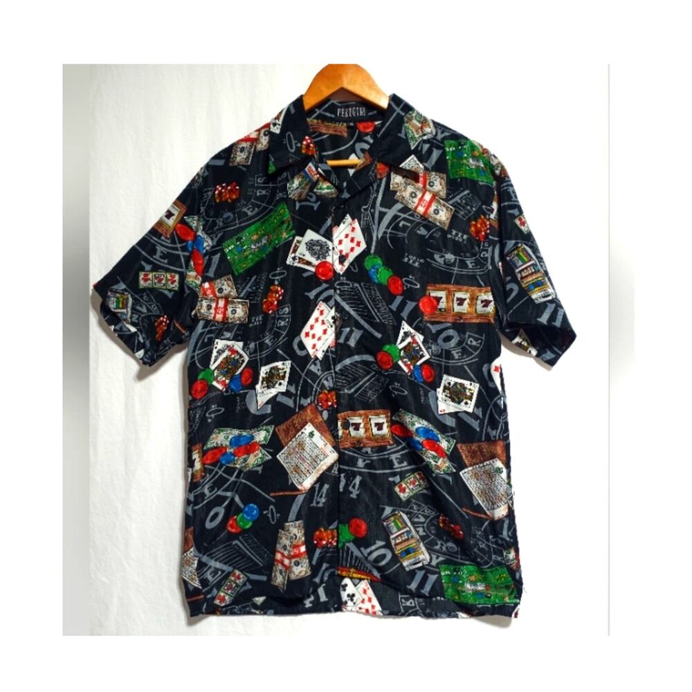 Ferugini Gambling Casino Short Sleeve Button Up Shirt Black & Red Size Medium